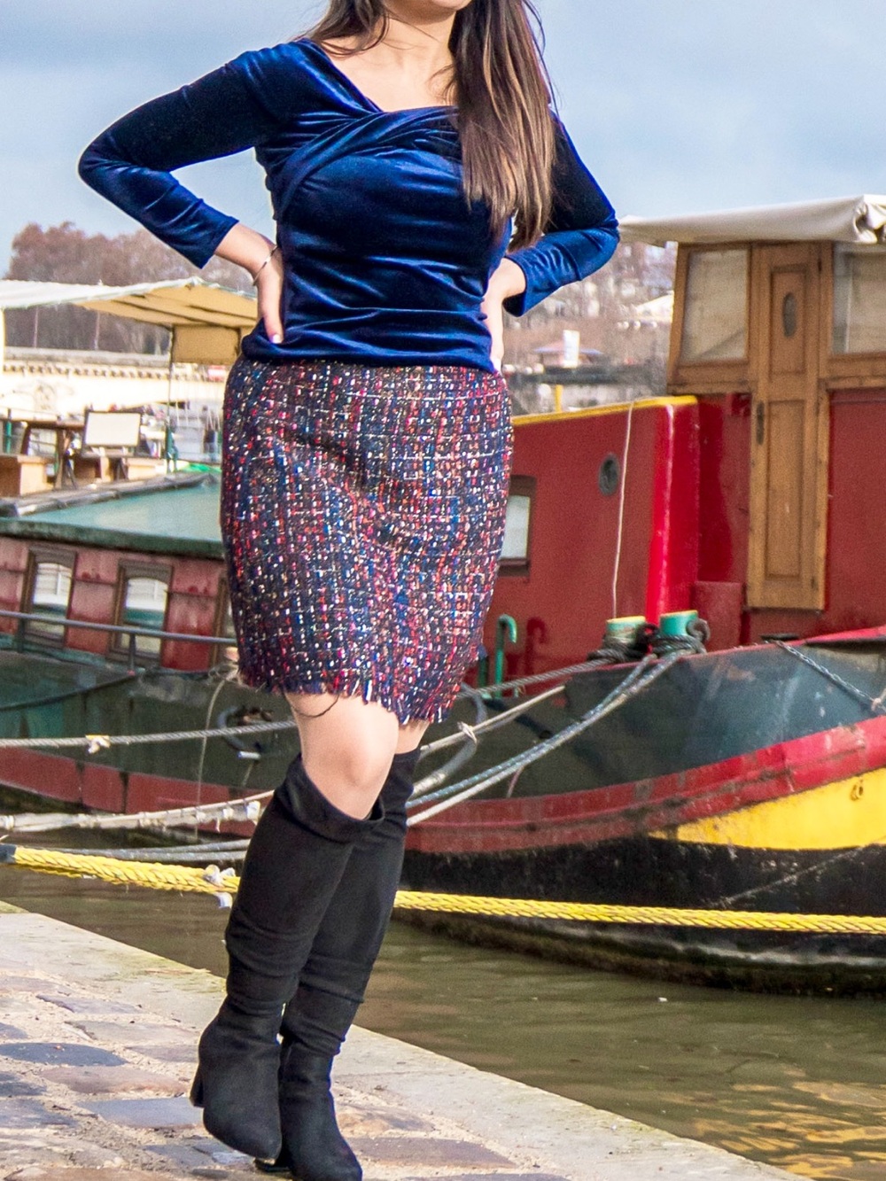 Line & Dot Multicolor Tweed Pencil Skirt with Fringed Hem